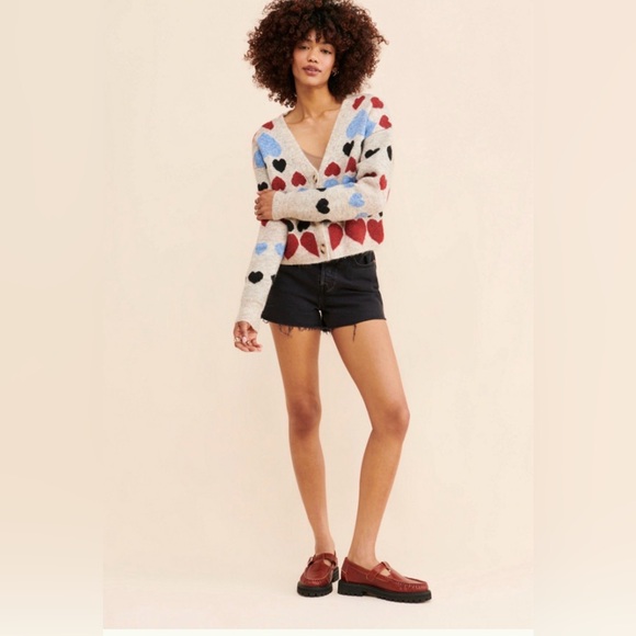 Anthropologie Free The Roses Cropped Cardigan Sweater Red Blue Hearts M - Picture 3 of 9